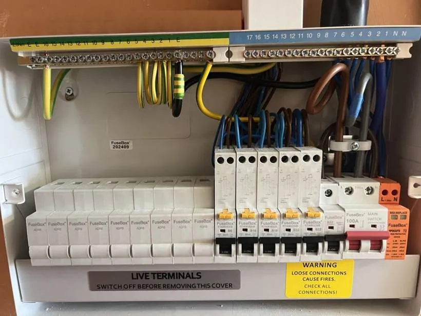 New consumer unit with RCBO protection and neatly dressed earth and neutral bars, for an outbuilding fit-out in Bicester