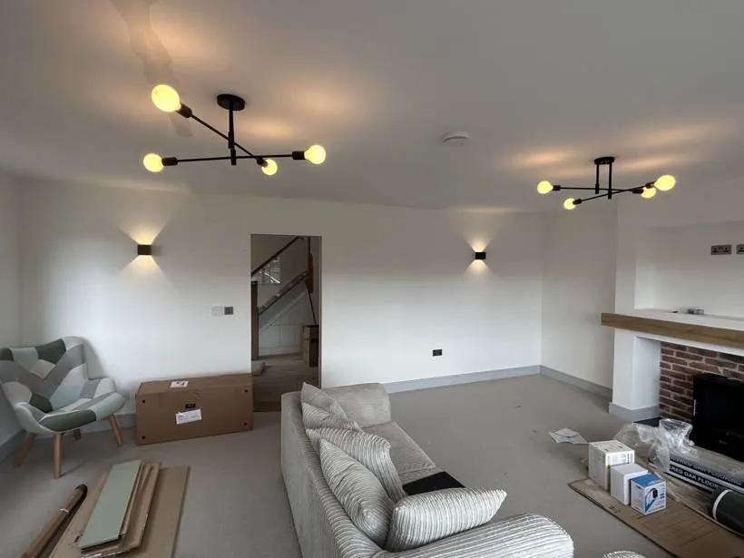 Living room wall lights and statement pendants, new build home at Graven Hill, Bicester
