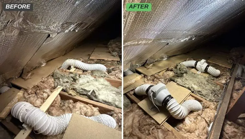 Before and after in a loft: two old inline extractor fans on flexible ducting, then two new high-power inline fans neatly mounted on boards with sealed duct connections, Bicester
