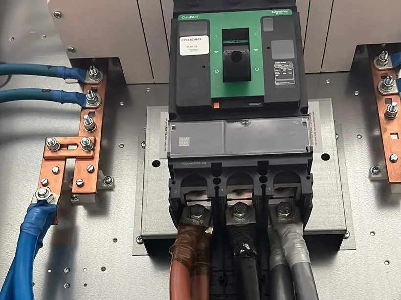 Schneider ComPacT 630 amp three-phase breaker with terminated supply cables feeding a solar distribution board in London