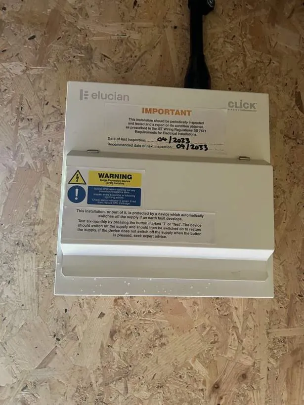 New consumer unit mounted on an OSB board as part of a full electrical fit-out of a barn, Buckinghamshire